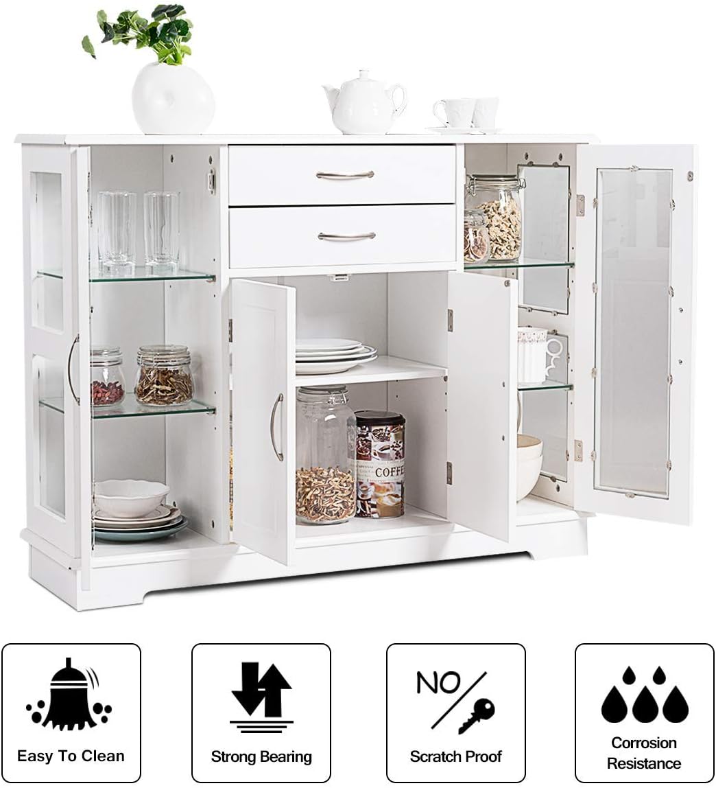 Sideboard Buffet Server Storage Cabinet W/ 2 Drawers, 3 Cabinets and Glass Doors
