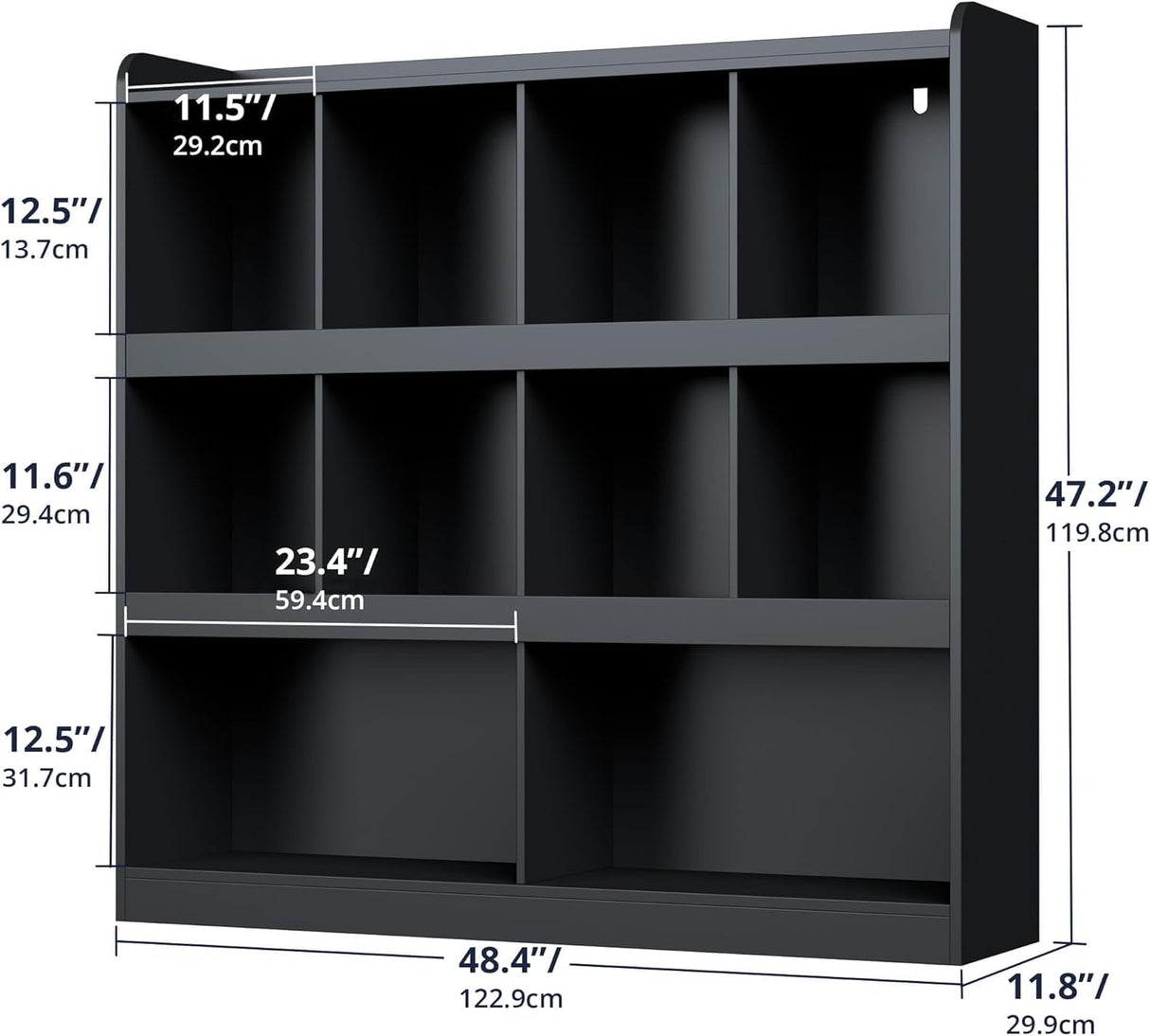 10 Cube Bookcase, 3 Tier 47.2'' Bookshelf, Kids Bookshelf Organizer, Wooden Bookcase with Anti-Tilt Device, Modern Storage Display Cabinet for Study Room, Bedroom, Living Room,Black