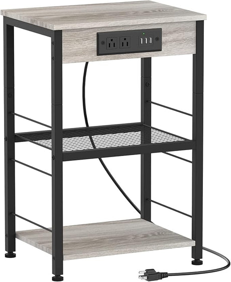 Nightstand Black with Charging Station, USB Ports, 3 Tier Side Table with Storage Shelf