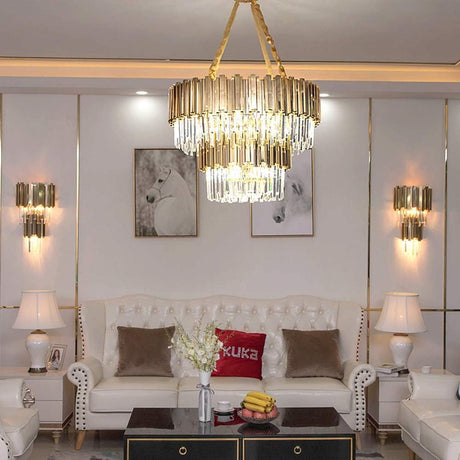 Gold Double Round Crystal Chandelier, Adjustable Golden Ceiling Light 13 Lights Modern