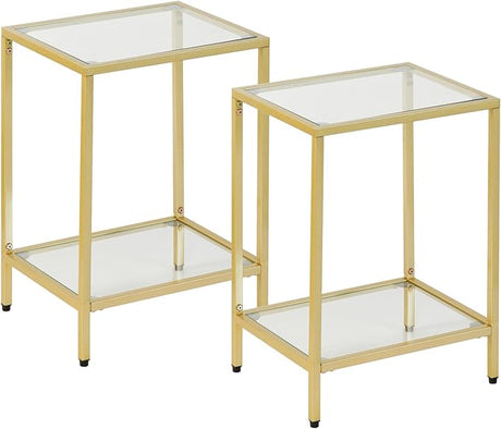 2-Tier End Table with Tempered Glass, Gold Metal Side Tables Sofa Side Table