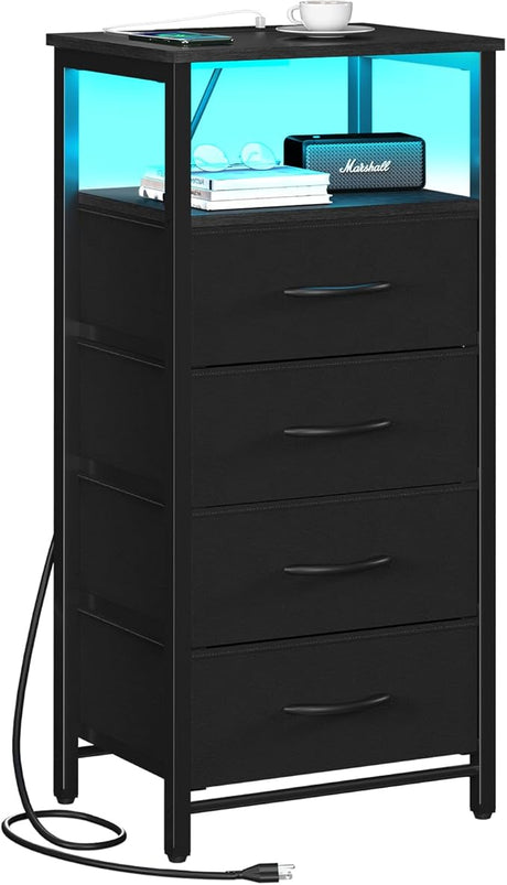 Yoobure Night Stand - LED Nightstand with Charging Station, Bedside Table with 4 Fabric Storage Drawers and Storage Shelf, End Table with USB Ports and Outlets, Tall Dresser for Bedroom