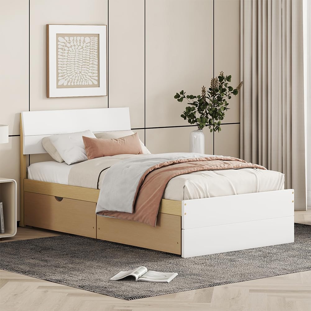 Bed Frame, with 2 Drawers, White High Gloss Headboard Footboard, No Spring Box Needed,