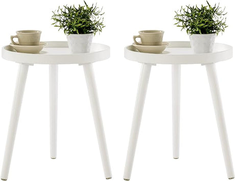 Round White Side Table, Tray Nightstand Coffee End Table for Living Room, Bedroom,