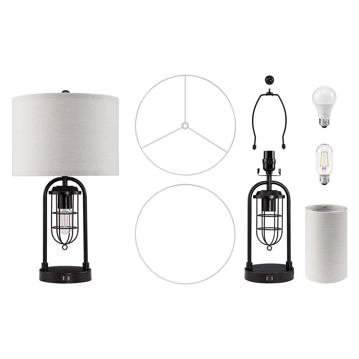 21'' Industrial Table Lamps Set of 2 with Night Light & USB Port