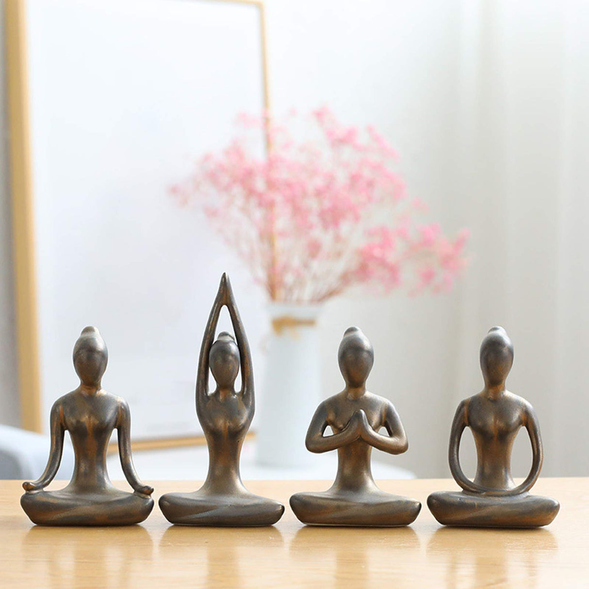 Lot of 4 Meditation Yoga Pose Statue Figurine Ceramic Yoga Figure Set Decor - Patina Gold