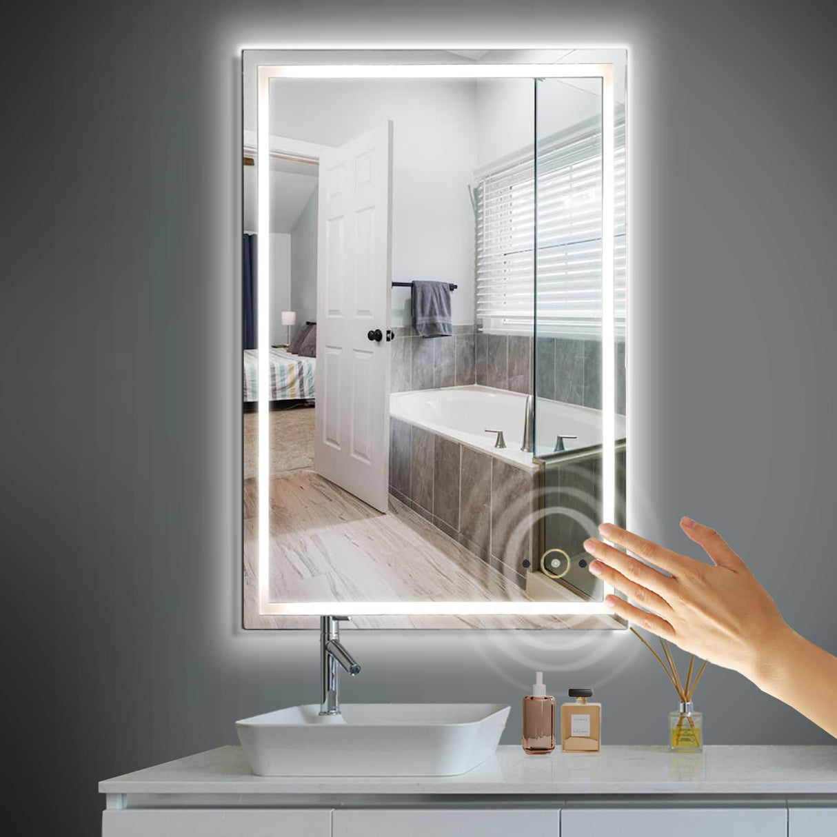 LED Bathroom Mirror 24x32 - Dimmable, Anti-Fog, Hand Wave Control
