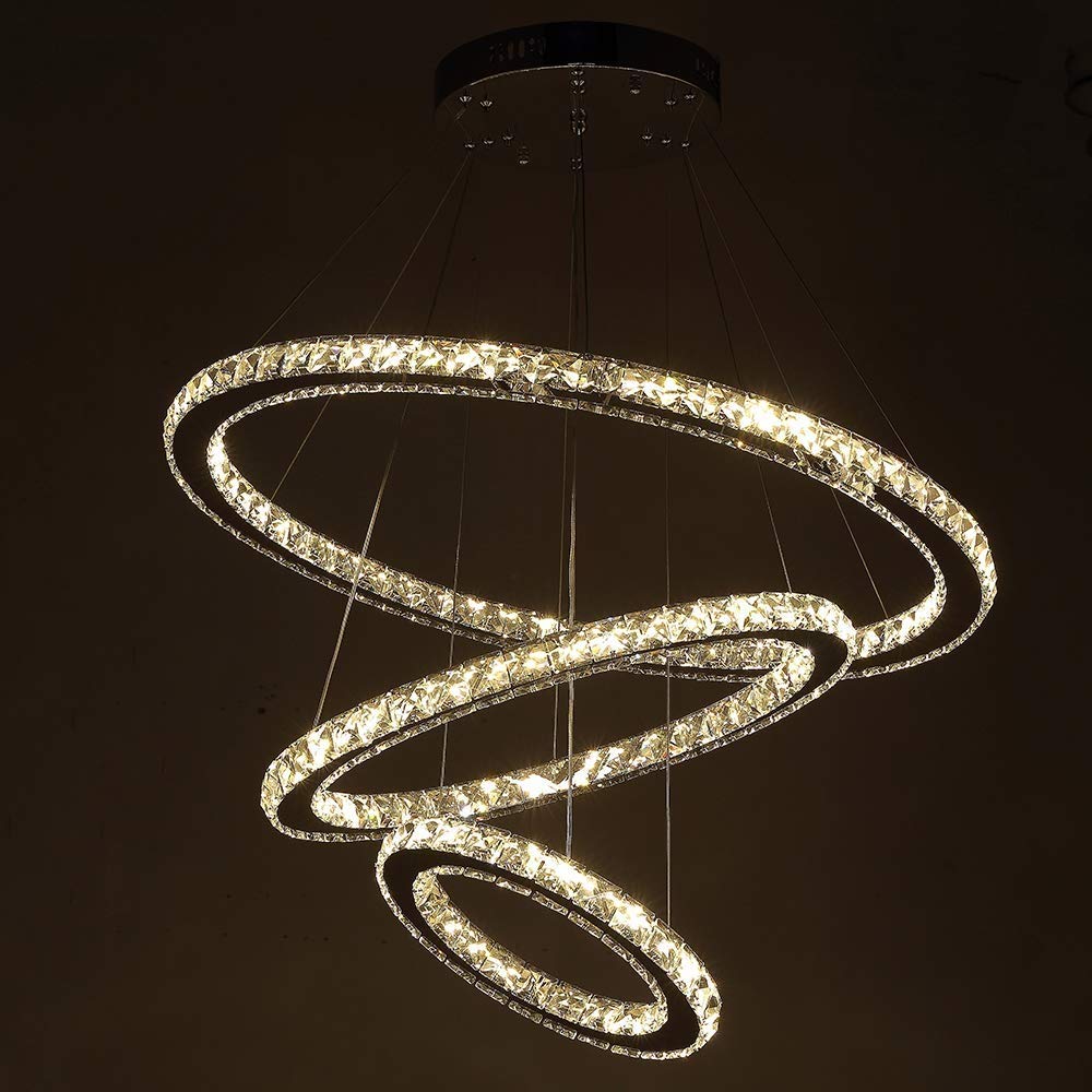 Aiwen Crystal Chandelier Modern 3 Rings LED Pendant-Light Dining Room Flush Mount Ceiling Lighting-Yellow Light Source(7.9 + 11.8 + 15.8 in)