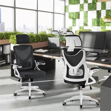 Back Ergonomic Mesh Office Chair with Adjustable Padded Headrest, White/Black