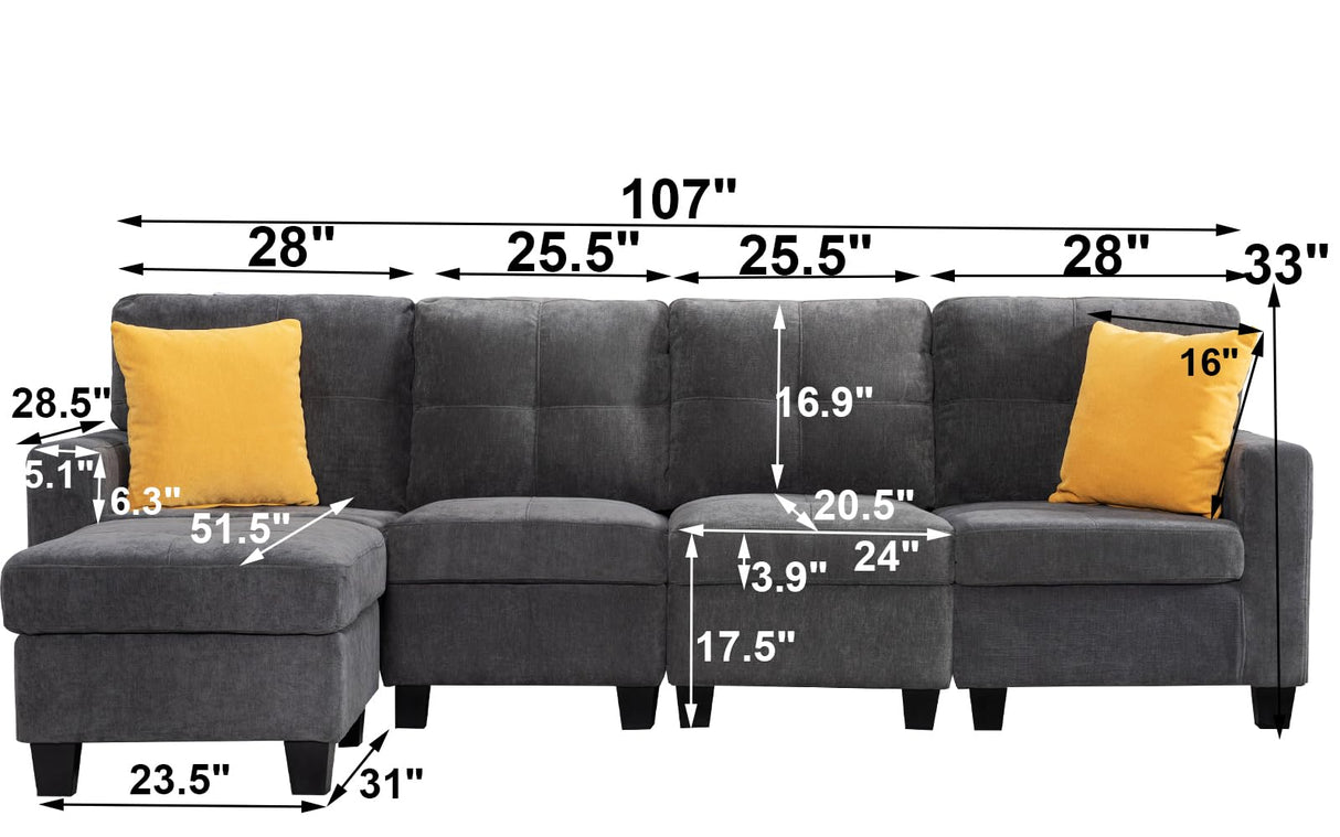 Modular Sofa Couch 4 Seat Sectional with Storage Ottoman, Velvet Reversible L Shaped