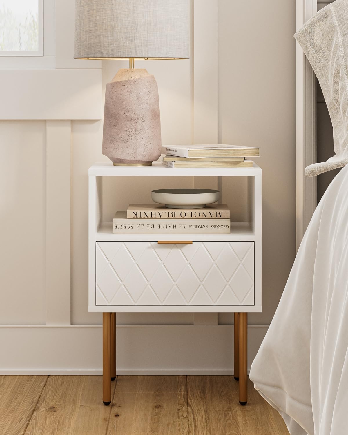 Nightstand,Small Bedside Table with Gold Frame