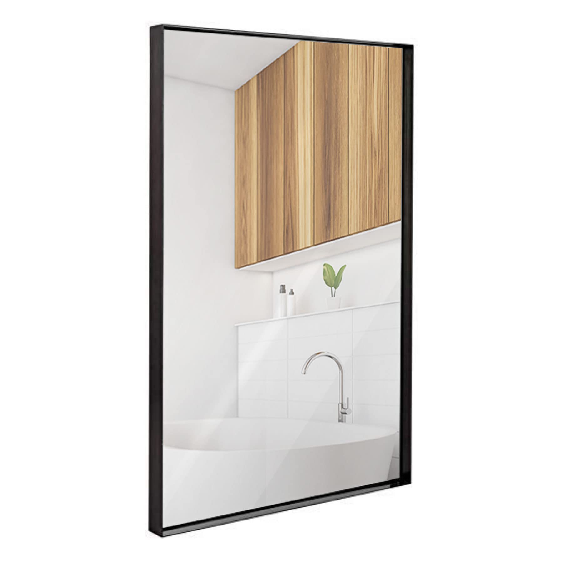 Contemporary Brushed Metal Wall Mirror | Glass Panel Black Framed Squared Corner Deep