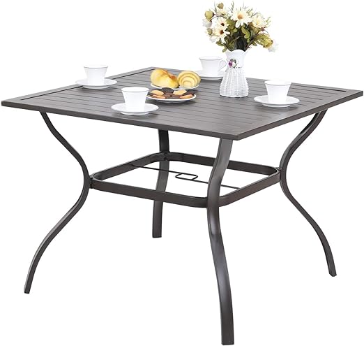 Outdoor Metal Steel Slat Dining Rectangle Table with Adjustable Umbrella Hole