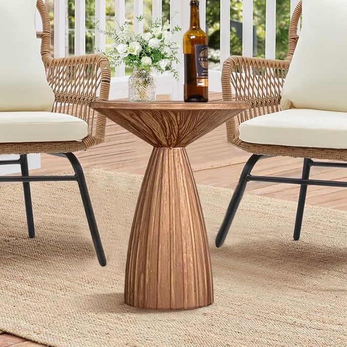 Metal Small Patio Table, Round Outdoor Side Table, Wood Color Outdoor Accent