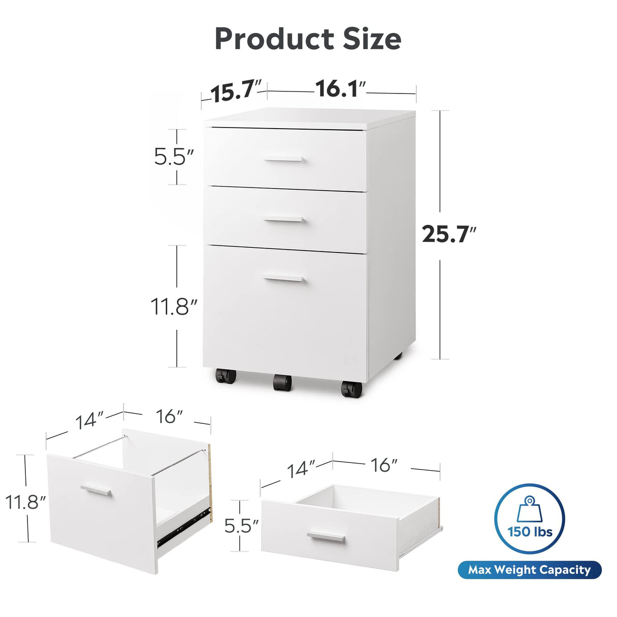 3 Drawer Wood Mobile File Cabinet, Rolling Filing Cabinet for Letter/A4 Size