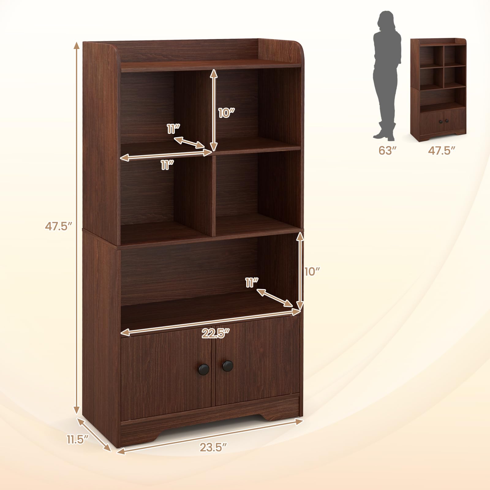 4-Tier Bookcase with Doors, 47.5" Tall Freestanding Wooden Bookshelf with 3 Shelves, 4 Cubes Storage Cabinet Organizer for Kids Room Office Living Room Bedroom Study, Brown
