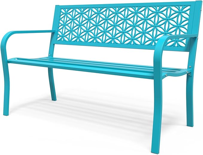 Outdoor Bench Metal with Floral Back, Garden Bench Front Porch Bench for Yard Patio