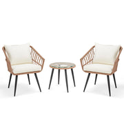 3 Piece Wicker Patio Bistro Set, Outdoor Rattan Dining Set with Glass Top Table