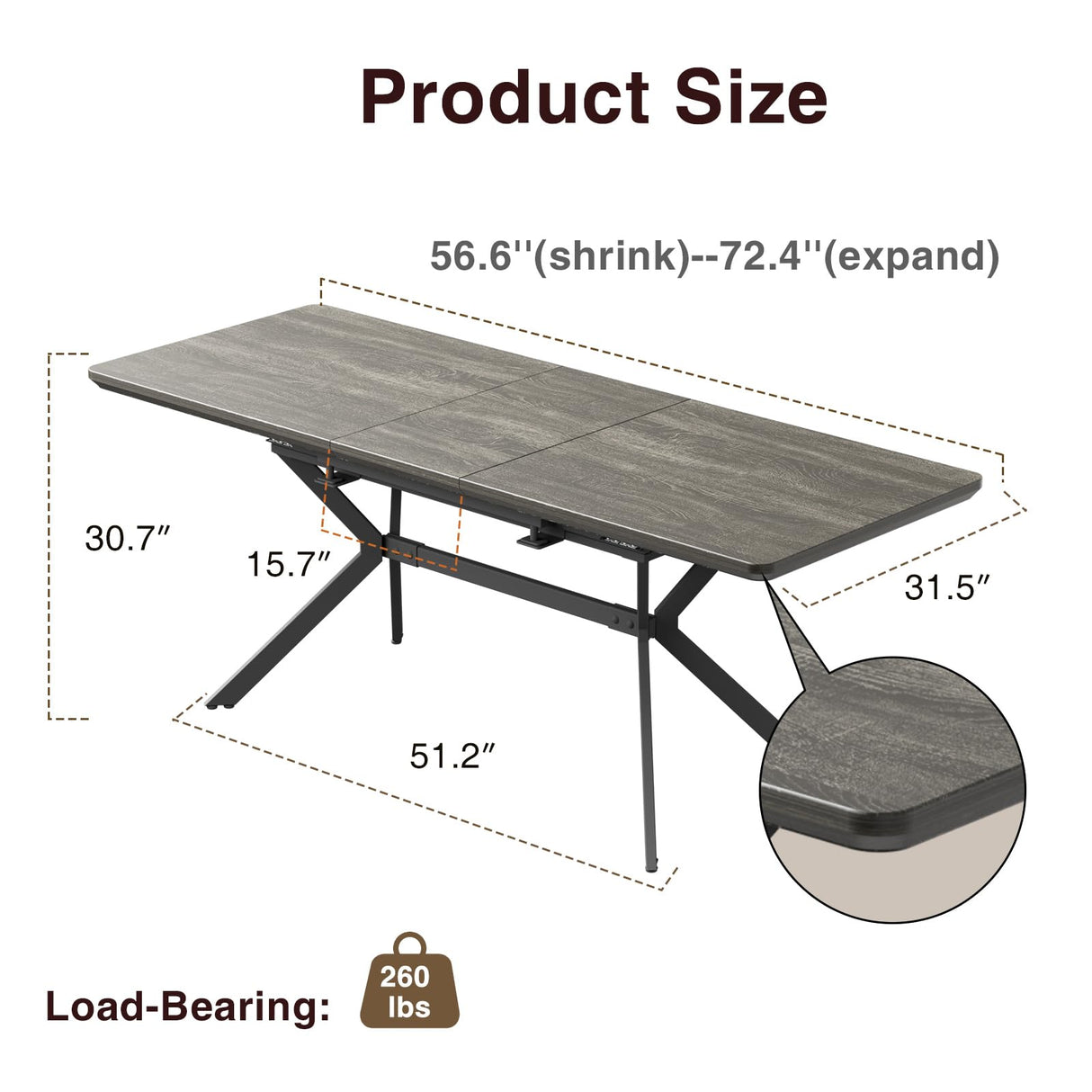 Extendable Dining Table for 6-8 Persons, Modern Dining Room Table from 56.6'' to 72.4'',
