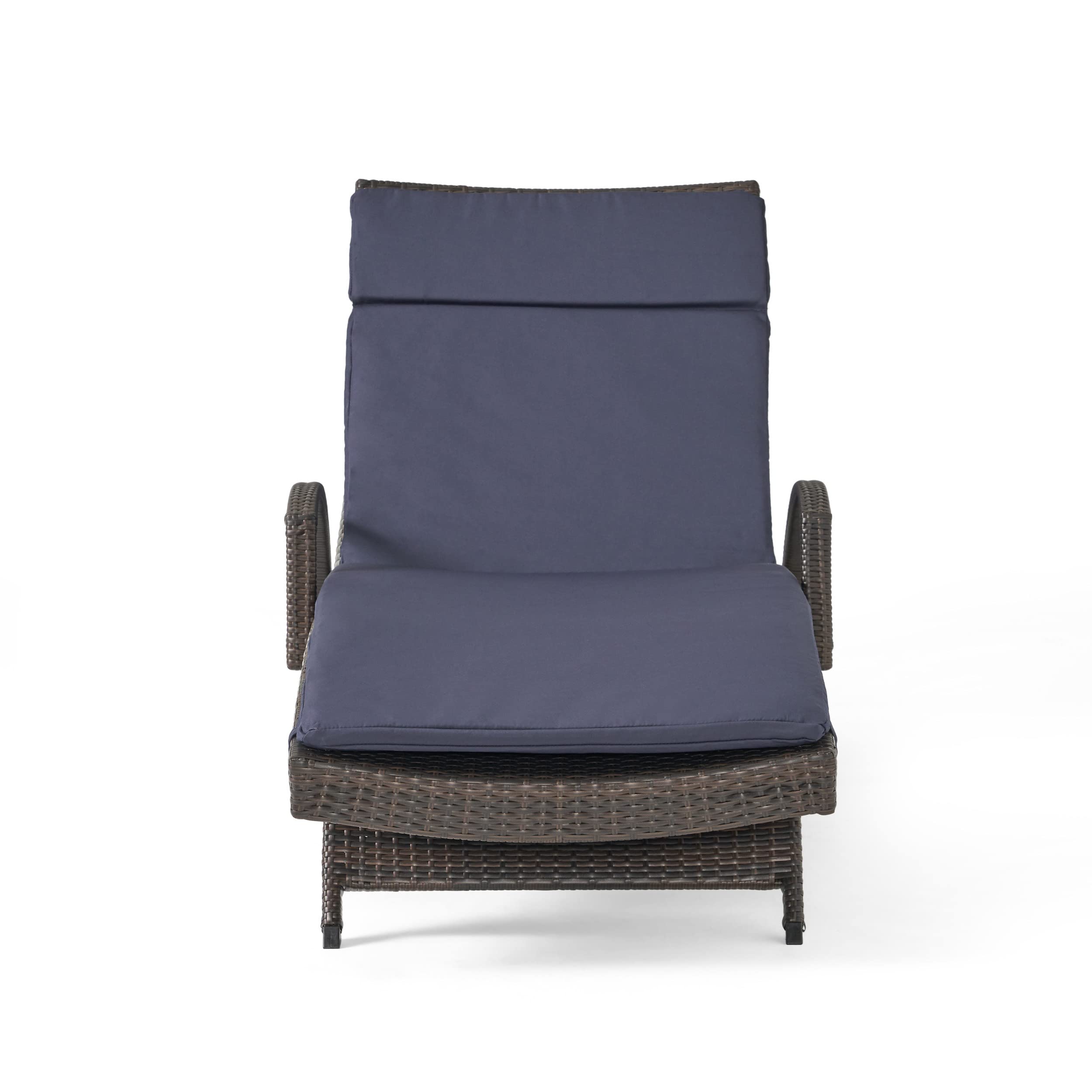 Christopher Knight Home Salem Outdoor Wicker Adjustable Chaise Lounge with Arms, with Cushion, Multibrown / Navy Blue