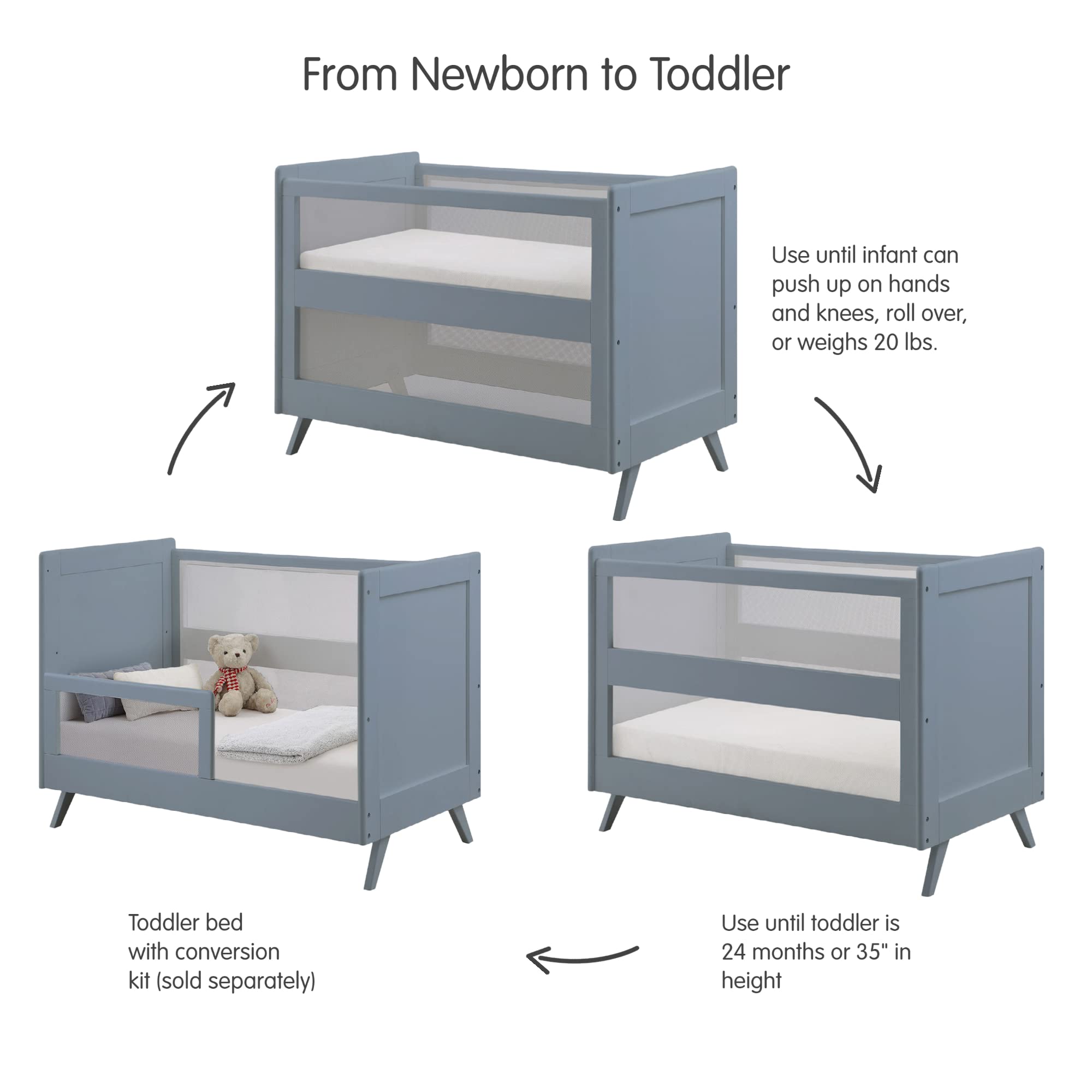 Breathable Mesh 3-in-1 Convertible Crib (Toddler Bed Kit Sold Separately  Steel Gray