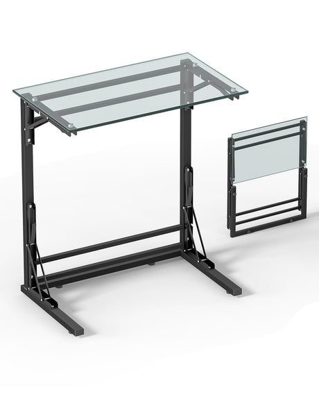 24" Folding TV Tray Table, Glass C Shaped End Table for Couch