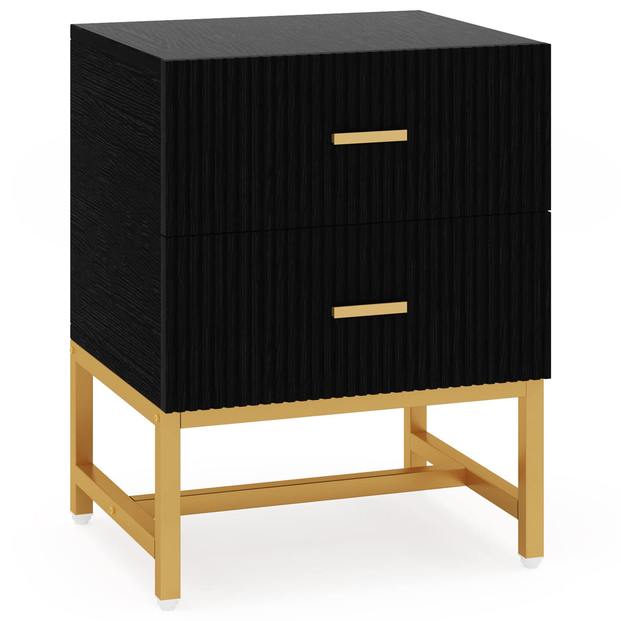 Modern Nightstand with 2 Big Striped Drawers, Tall Bed Side Table Wood Metal End Table