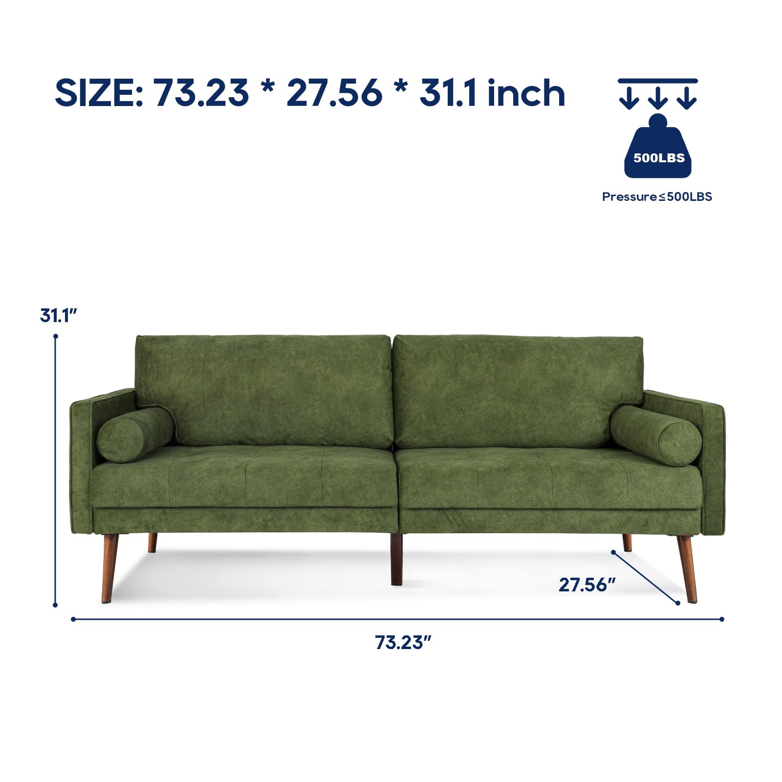 Velvet Sofa Couch, Mid Century Modern Craftsmanship 73 inch 3-Seater Sofa