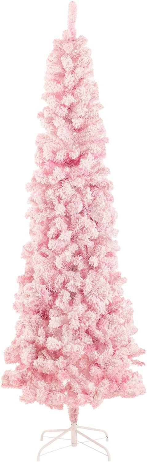 Auto Open Pink Skinny Snow Flocked Christmas Tree Artificial Christmas Tree, with 1000