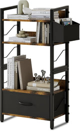 Small Bookshelf, 3 Tier Wood Book Shelf with Drawe, Small Bookshelf for Small Spaces, Industrial Narrow Bookcase Storage Organizer for Living Room, Bedroom, and Home Office (Black, 3 Tier)