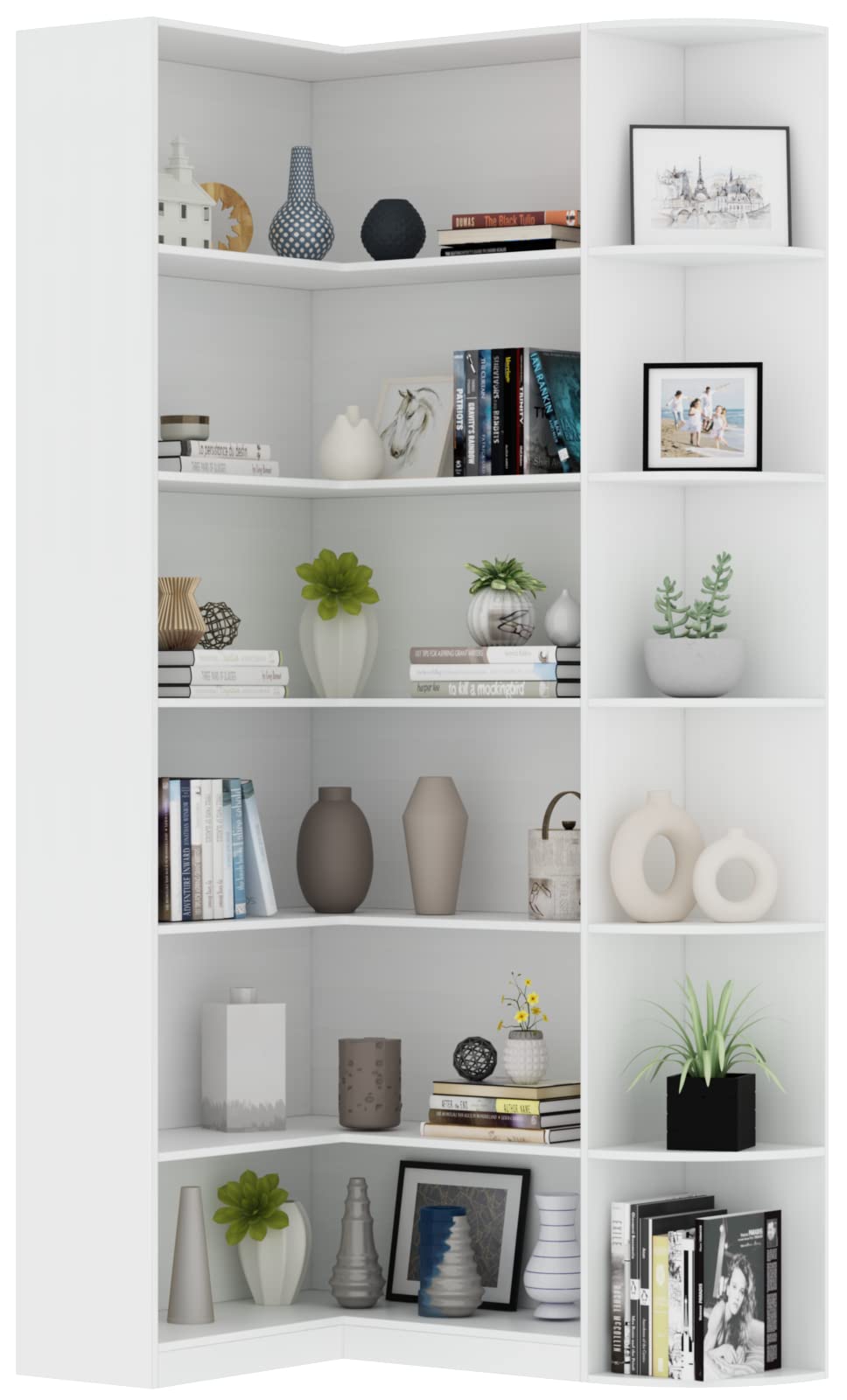 White Book Shelf, 6 Tiers Shelf Large Tall Corner Etagere Bookcase with Full Baffle