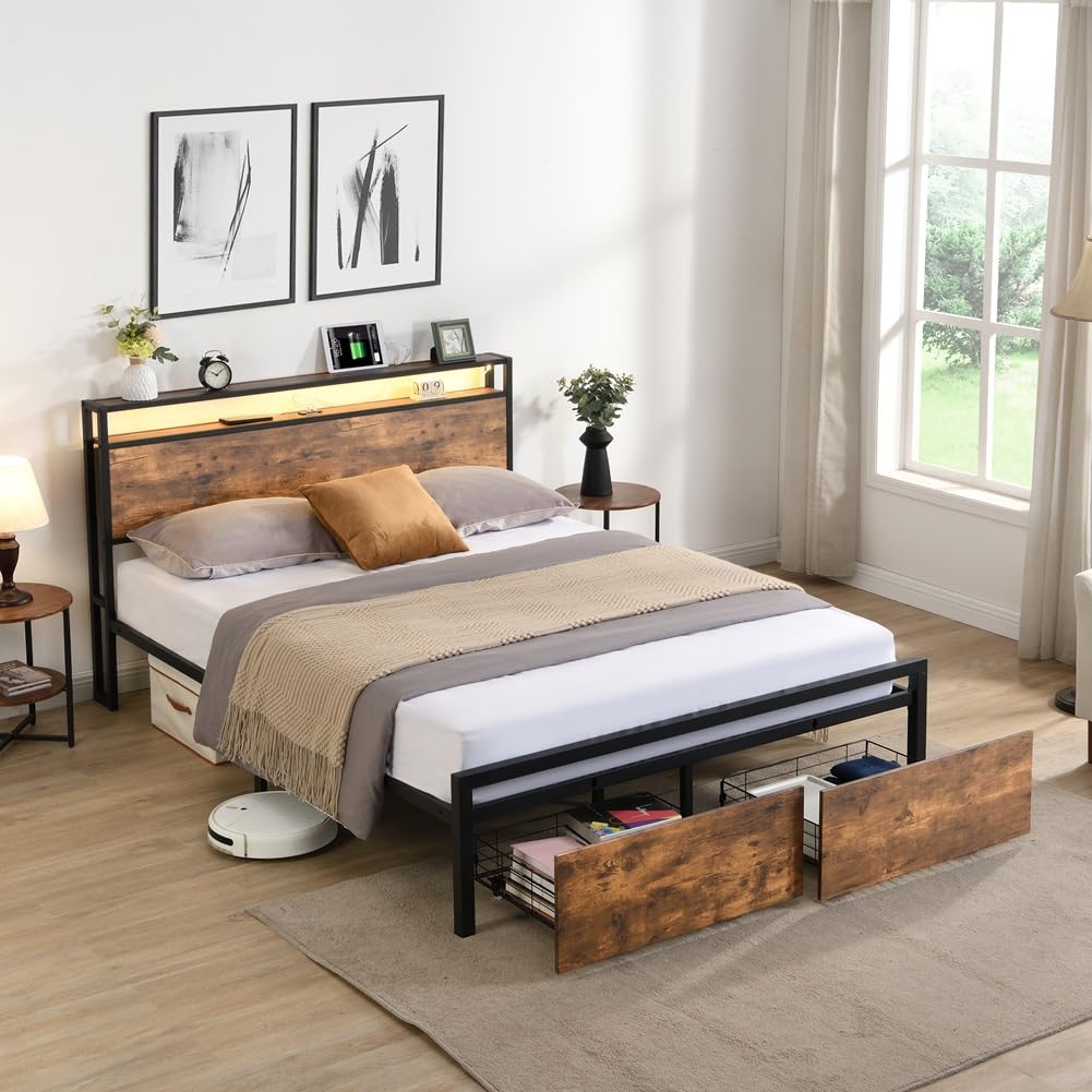 Ergonomic Headboard and 2 Drawers, Fast Assembly Metal Bed with LED Lights, Outlets