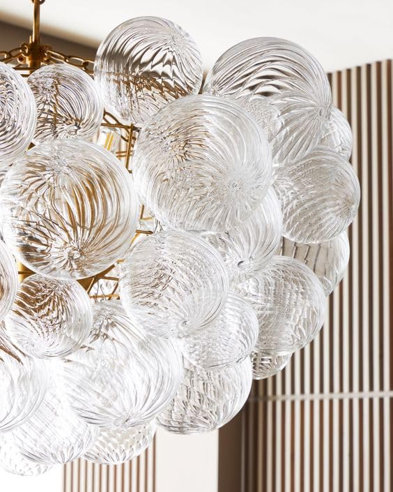 BeyPan Gold Bubble Chandelier Lighting Dia 20" Swirled Clear Ribbed Hand Blown Glass Ball Chandeliers Hanging Decorative Light Fixture for Living Room Hallway Entryway Foyer Dining Room