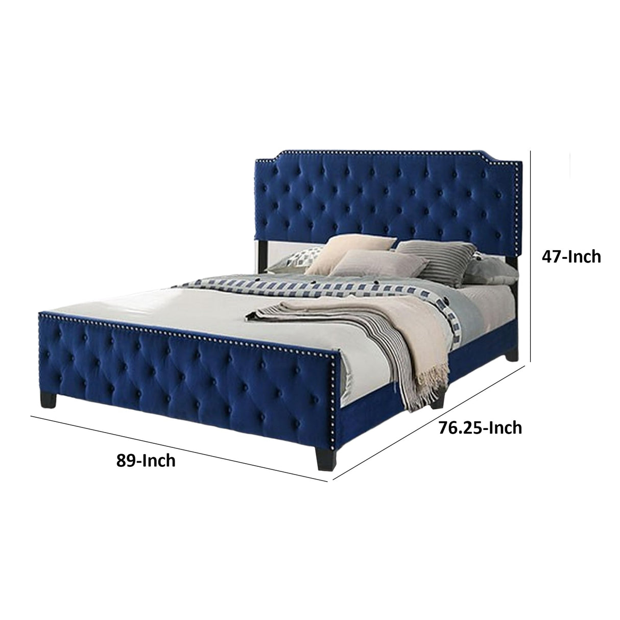 Agapi California King Bed, Button Tufted, Nailhead Trim, Upholstery, Navy Blue