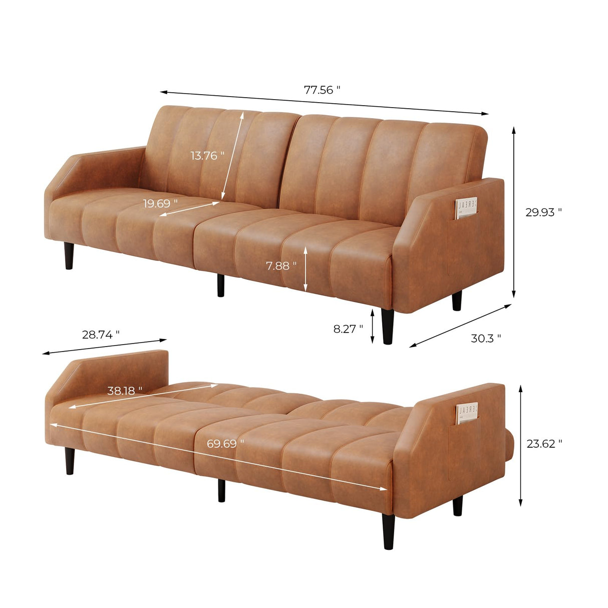 Leather Loveseat Sofa Bed, 78“ Futon Sofa Bed, Adjustable Futon Set Backrest