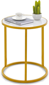 Gold Side Table, Round End Table with Sintered Stone Top and Metal Frame