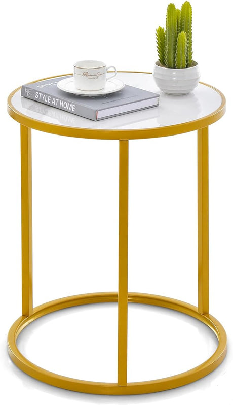 Gold Side Table, Round End Table with Sintered Stone Top and Metal Frame