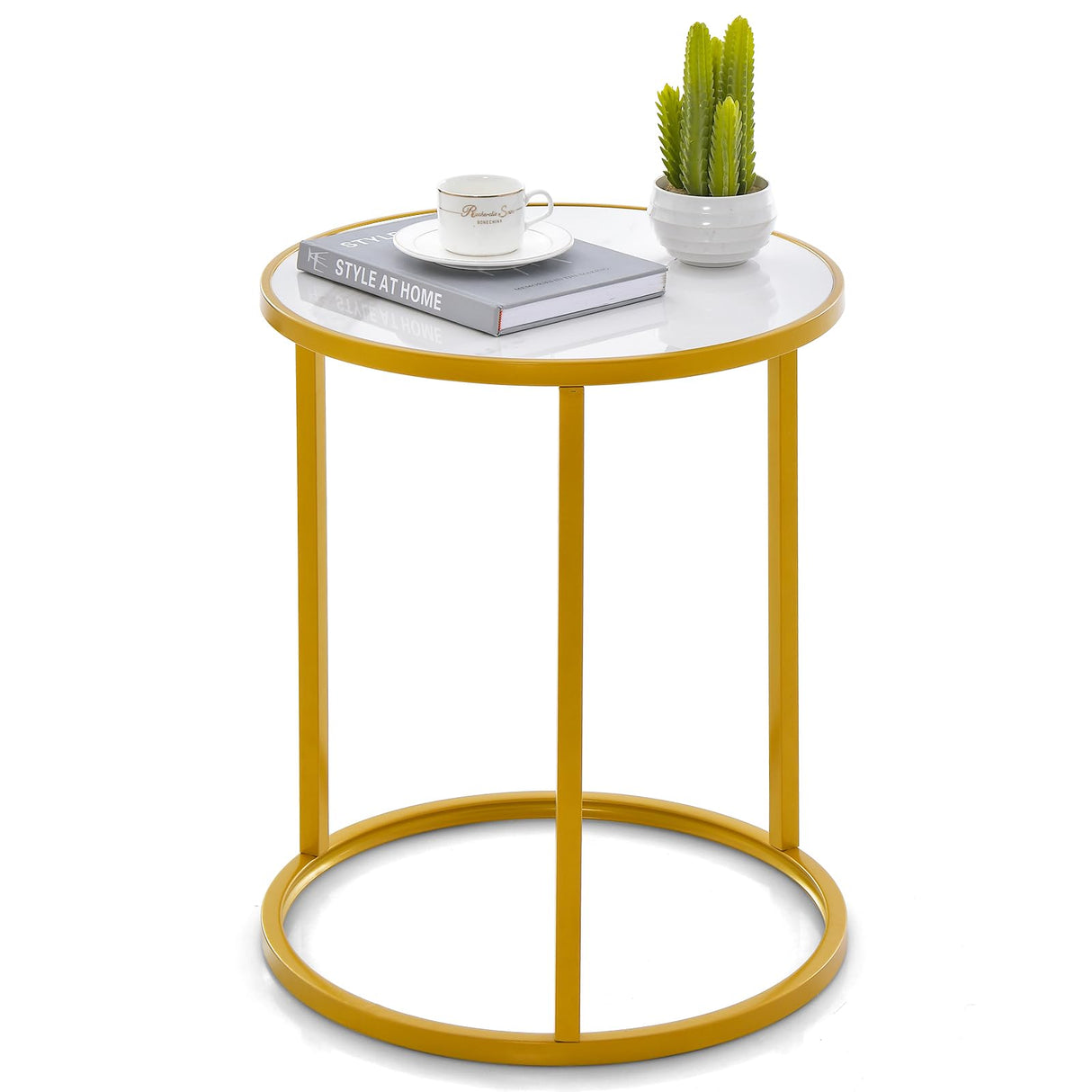 Gold Side Table, Round End Table with Sintered Stone Top and Metal Frame