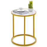 Gold Side Table, Round End Table with Sintered Stone Top and Metal Frame