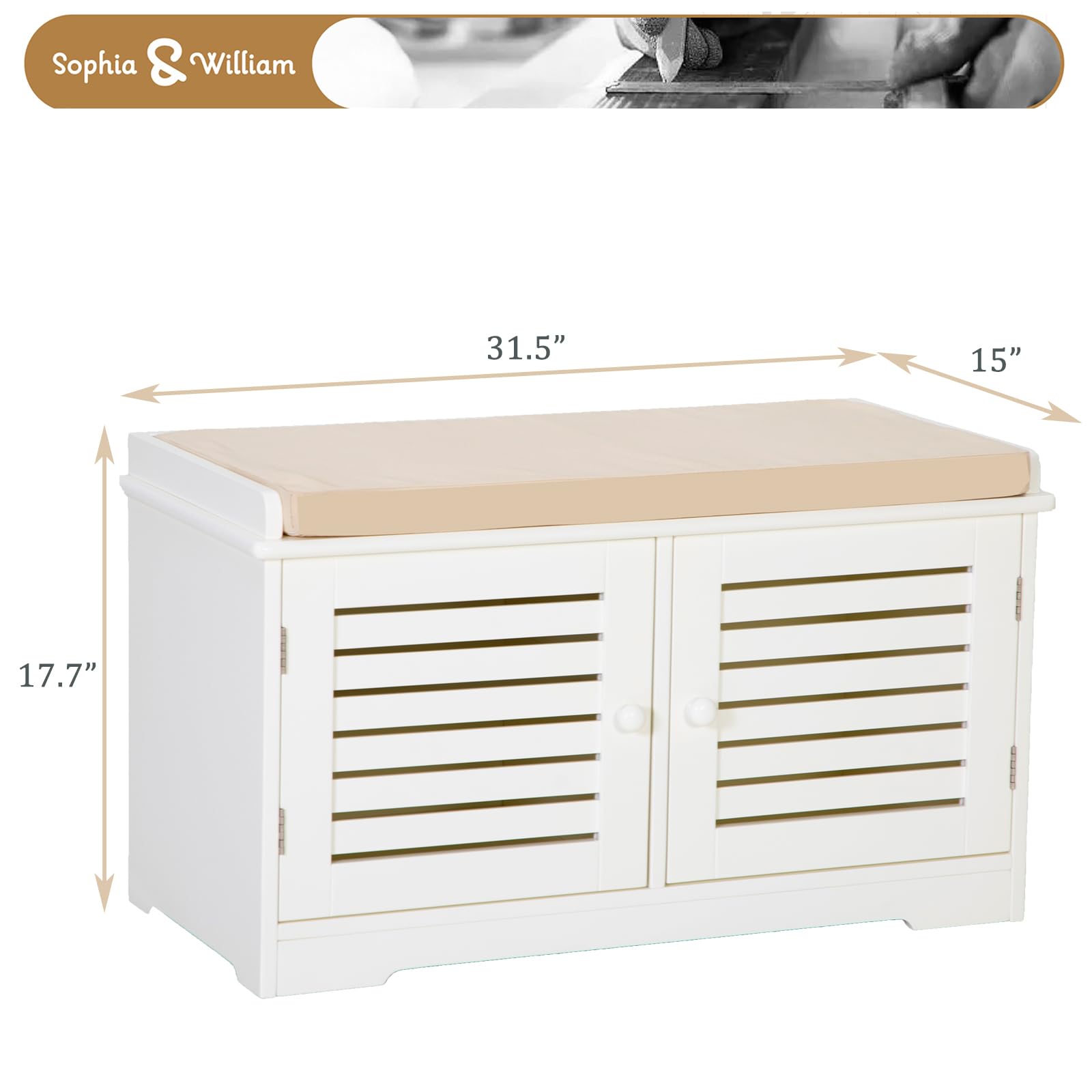 White Storage Shoe Bench for Entryway Hallway, Premium MDF Shoe Rack Cabinet with 2 Doors, Adjustable Shelf, Padded Seat Cushion - Beige