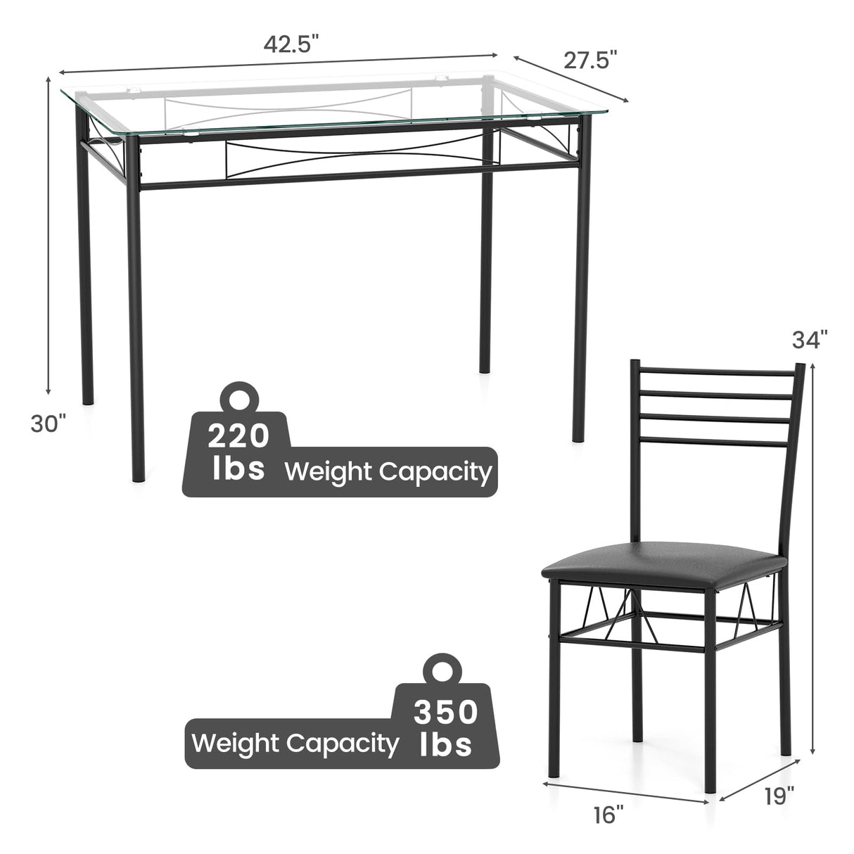 5-Piece Dining Table Set for 4, Modern 3/8'' Tempered Glass Kitchen Room Table