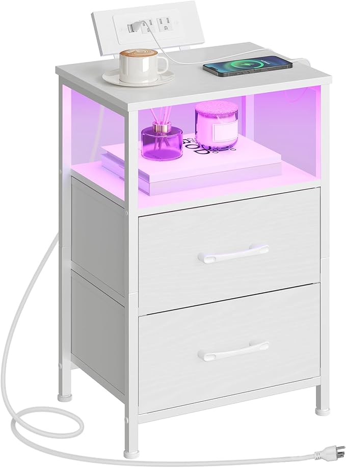 Nightstand with Charging Station, Bedside Table with LED Lights and 2 Fabric Drawers