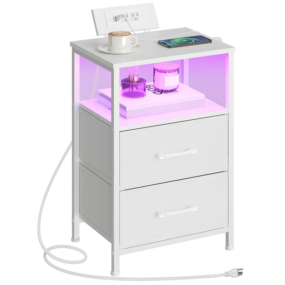 HOOBRO Nightstand with Charging Station, Bedside Table with LED Lights and 2 Fabric Drawers, End Table with Outlets and USB Ports, Small Night Stand for Bedroom, White WT118UDBZ01