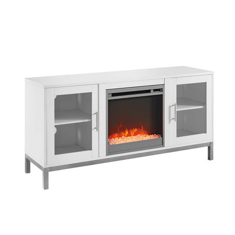 Griffith Contemporary Double Glass Door Fireplace TV Stand, 52 Inch, White