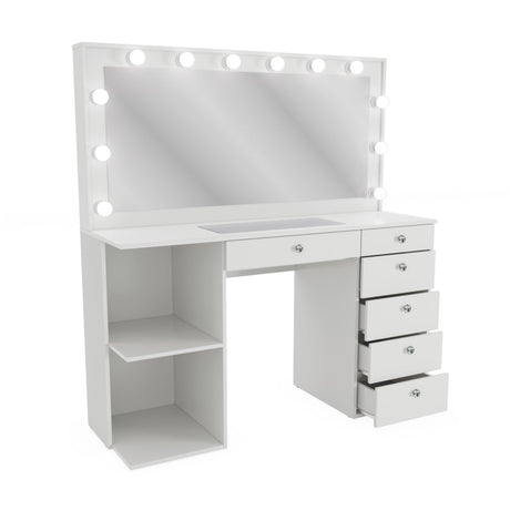 White Makeup Vanity Desk with Hollywood Mirror & Lights, Aine, 6 Drawers, 2 Shelves, USB-C/USB Outlet, Glam Glass Top