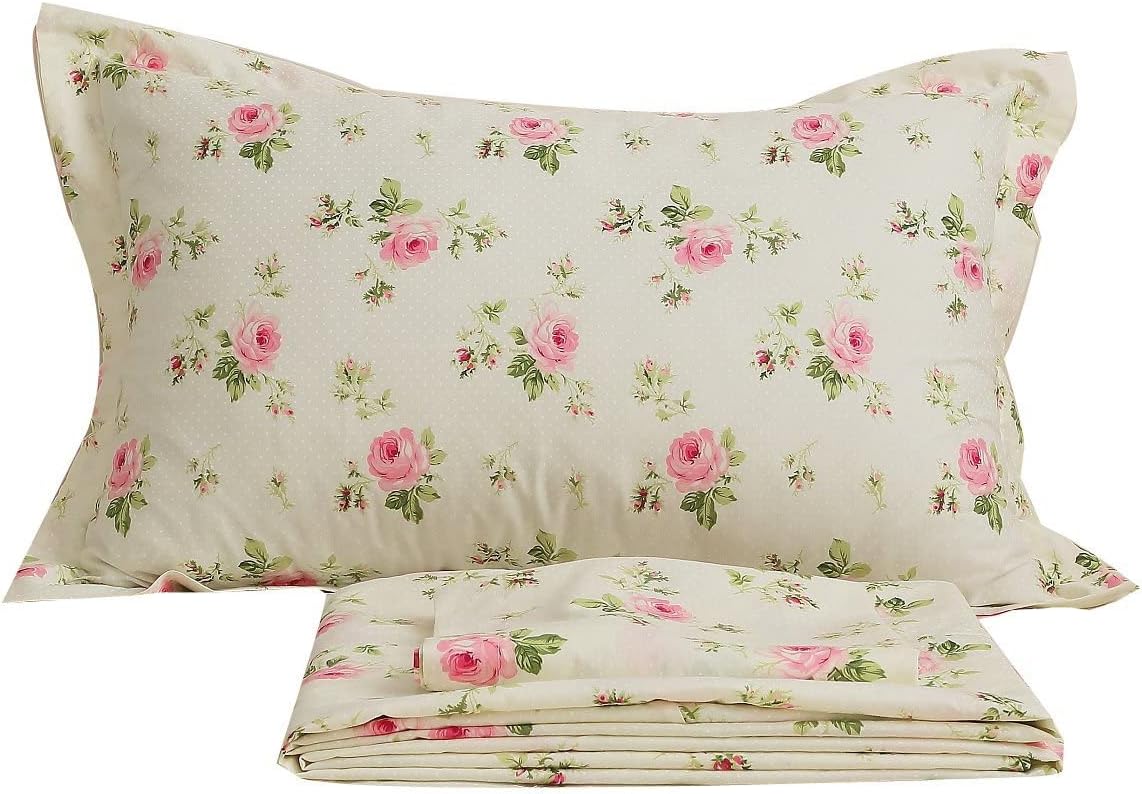 Floral Sheets for Queen Size Bed Cotton Pink Rose Bed Shees Shabby & Chic Bedding