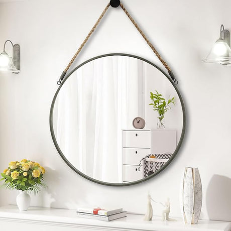 Round Hanging Mirror, Circle Wall Mirror with Rope, 20 Inch Farmhouse Mirror for Bathroom