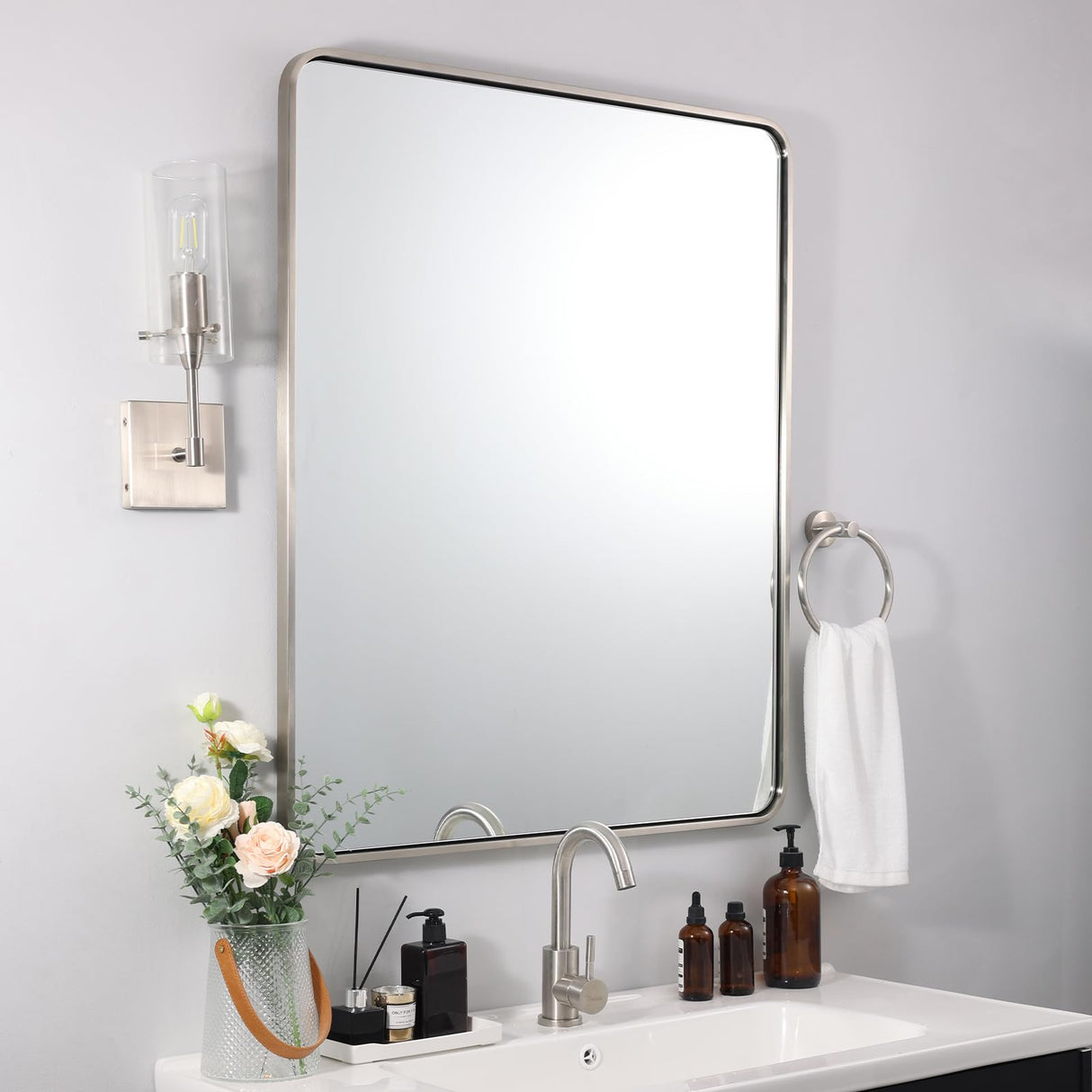 ANDY STAR Brushed Nickel Bathroom Mirror, 24x36’’ Rounded Rectangle Mirror Modern Silver Vanity Mirror SUS304 Metal Tube Frame(Rustproof) 1’’ Deep Wall Mounted Vertically/Horizontally