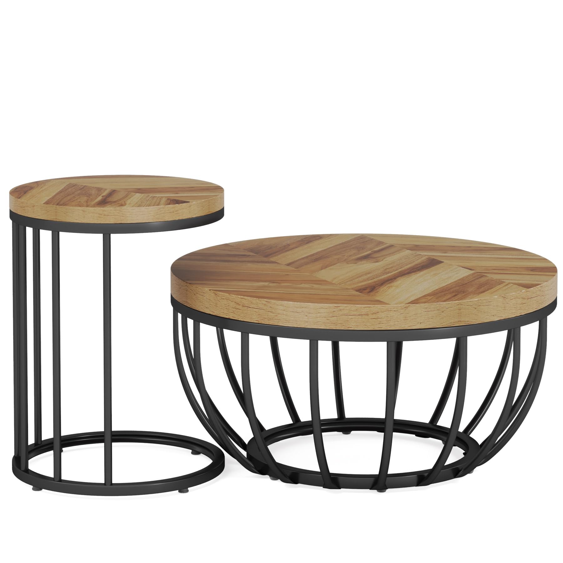 Round Coffee Table, 2 Pieces Nesting Tables with Metal Frame & Wooden Desktop