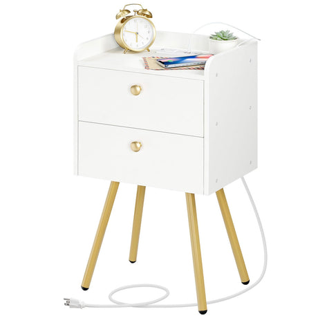 Nightstand with Charging Station, Modern Side Table with 2 Drawers